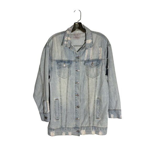 Love Tree Distressed Oversized Light Wash Denim Jacket With Button Front Closure - Picture 14 of 15